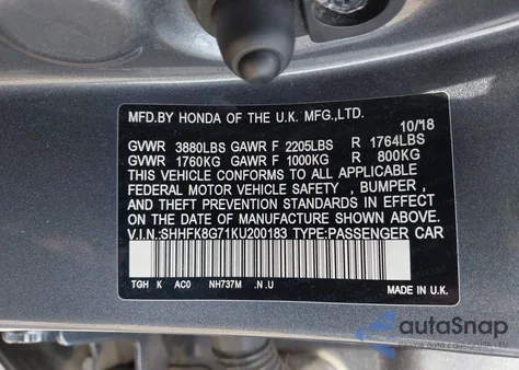 2019 Honda Civic Type R Touring from USA, damaged, VIN SHHFK8G71KU200183